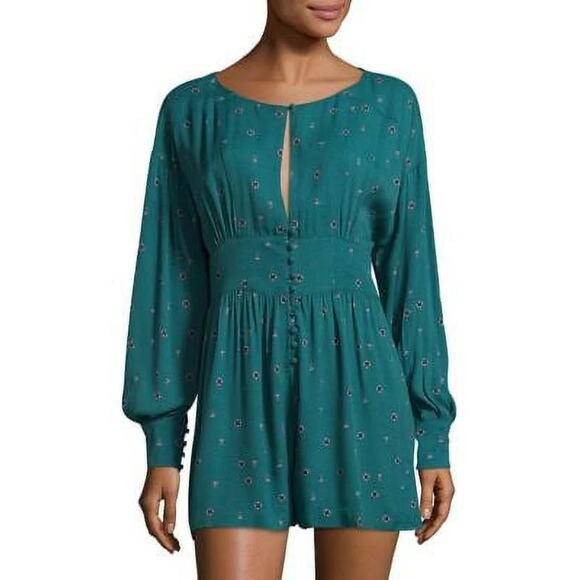 Free People Green Love Grows Printed Long Sleeve Key Hole Boho Romper S - Picture 1 of 9